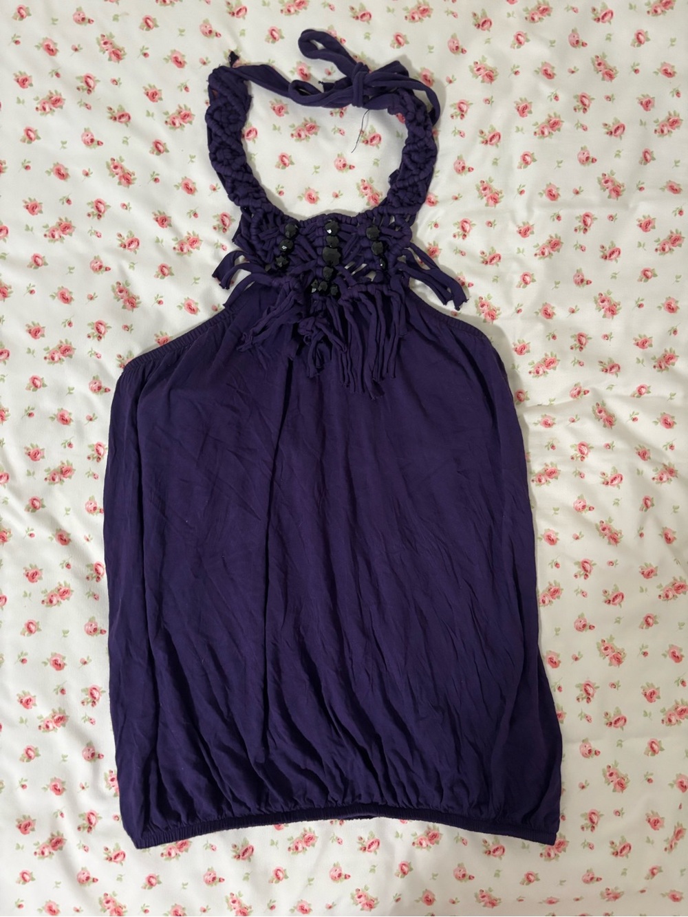 bebe Purple Macramé Halter Camisole